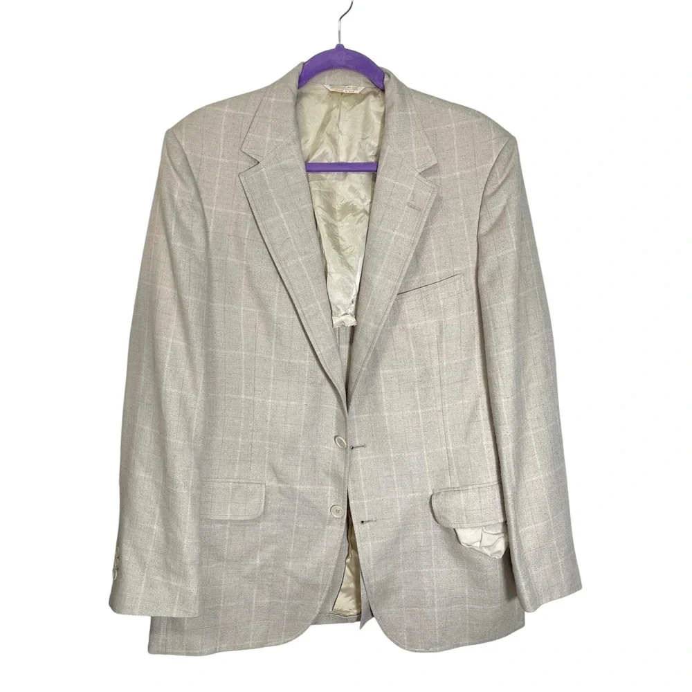Johnny Carson 42R Beige Blazer Windowpane Plaid Two Button Jacket Grandpa Core